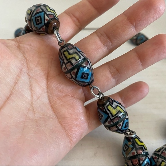 Vintage Hand Painted Glazed Clay Art Chunky Bead Necklace - Picture 12 of 16